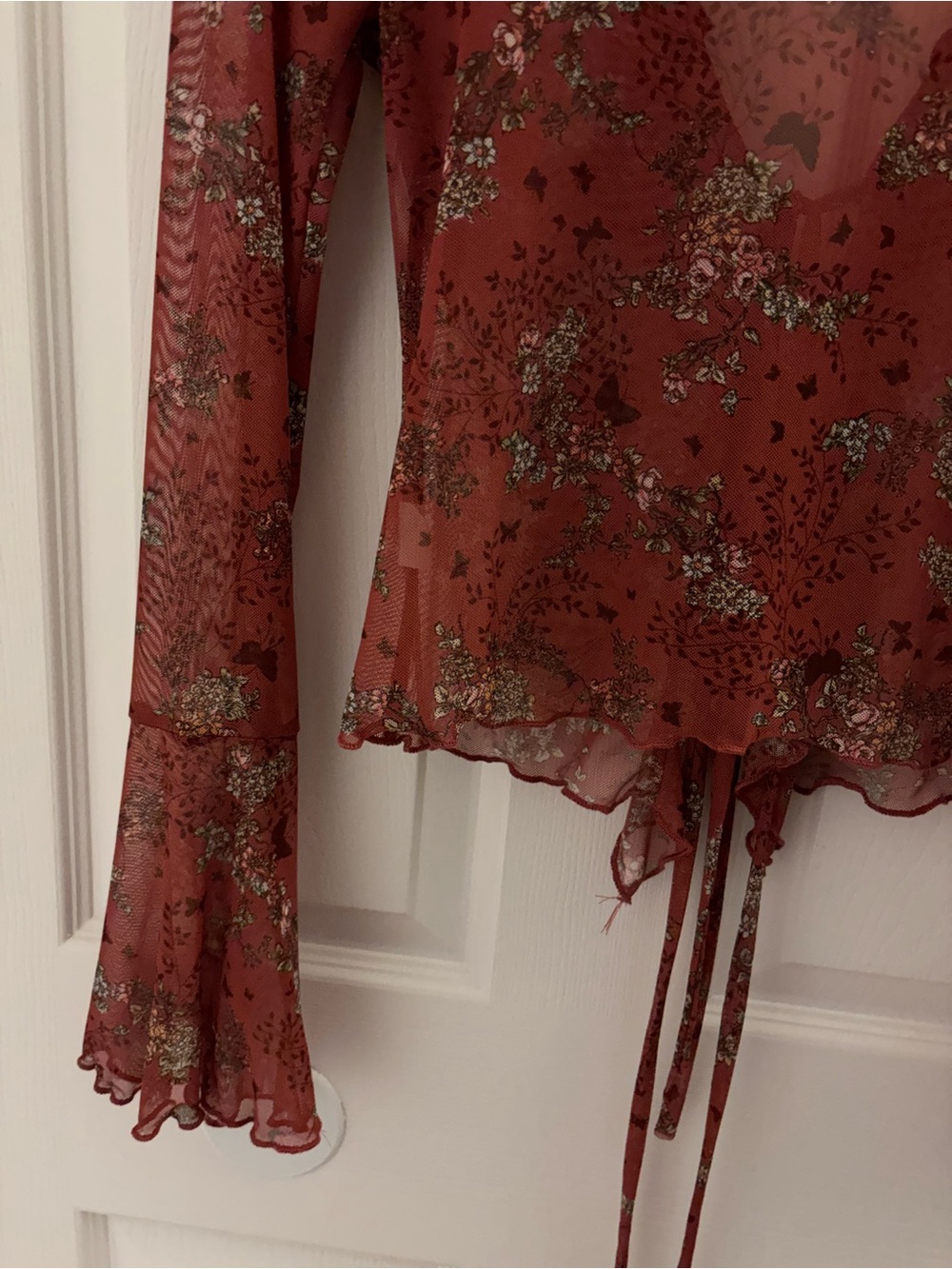 Rust Floral Ruffle Tie-Front Blouse - Picture 3 of 5